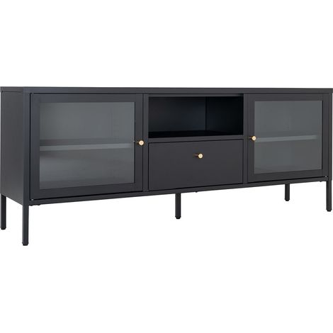 HUGO - Meuble TV 2 Portes Vitrées 1 Tiroir 1 Niche en Métal Laqué Noir (1/5)