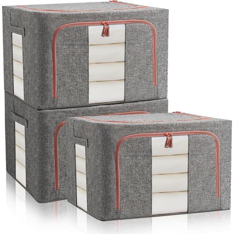 Lot de 3 Boite de Rangement Vetement avec Cadre Métallique, Pliable Sacs de Rangement pour Vêtements Édredons Couvertures Oreillers Jouets Vestes, Gris (66L) (1/5)