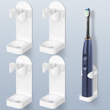Soporte de pared para cepillo de dientes eléctrico, juego de 4 piezas, no requiere perforación, adhesivo fuerte, compatible con la mayoría de los modelos. (1/5)
