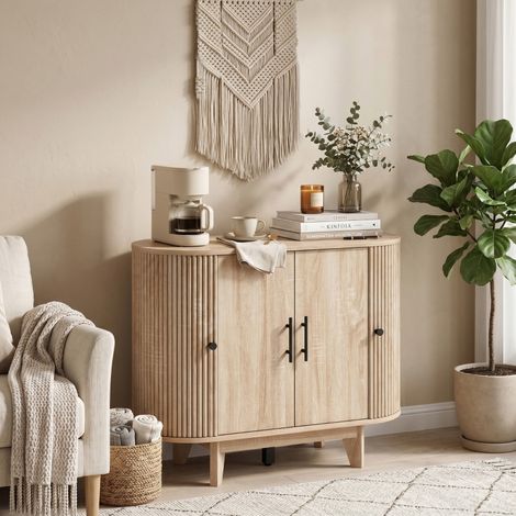Buffet salon, meuble de rangement ovale avec 4 portes et étagères réglables, 90 x 40 x 76 cm, chêne (1/5)