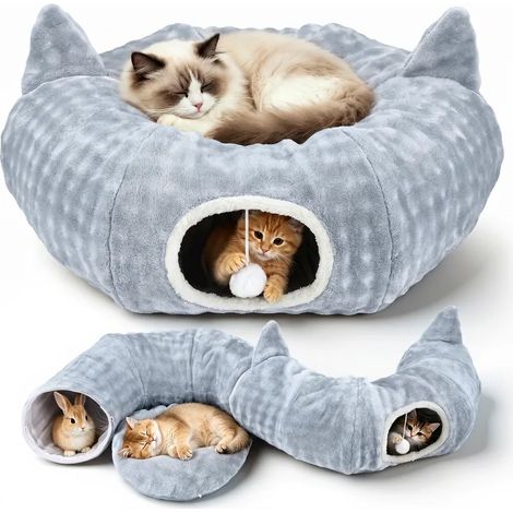 Lit‑tunnel pour chat multifonction, forme modulable demi‑lune / pleine lune / en S, nid confortable lavable pour petits animaux (1/5)