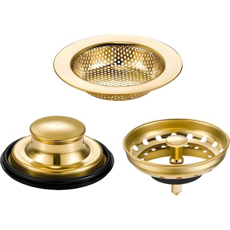 Set di 3 cestelli di scarico per lavello da cucina in acciaio inox color oro, kit filtro anti-intasamento, accessori per la maggior parte dei lavelli (1/4)