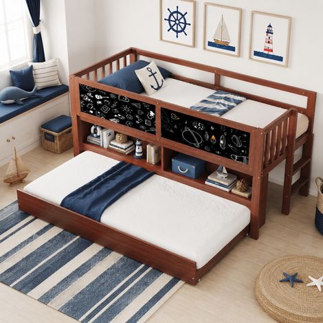 Lit mezzanine enfant 90 x 200 cm avec lit gigogne, rangement ouvert et tableau noir marron HAVRYA (1/5)