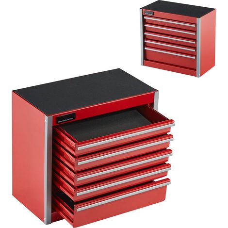 Coffre à outils métallique 21,8 cm, 5 tiroirs, portable, avec revêtement EVA et pieds PP, acier robuste, ouverture à roulements, finition laquée rouge. (1/5)