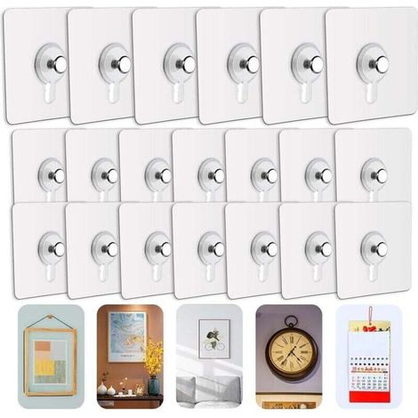 Paquete de 20 ganchos adhesivos para colgar cuadros sin necesidad de taladrar, ideales para colgar marcos de fotos, arte de pared y artículos decorativos. No se requieren agujeros. -Crezuo