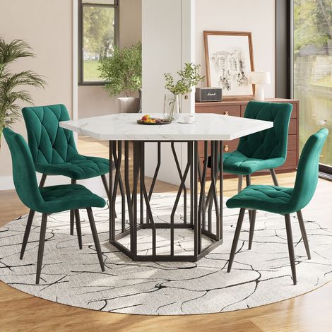Conjunto de comedor MDF y acero blanco/negro con mesa hexagonal 115,5x100x75 cm y 4 sillas de terciopelo verde (1/5)