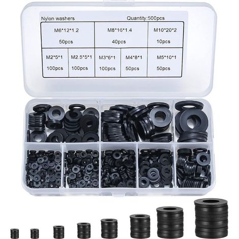 500 Pièces Rondelles Plates Nylon Noir, Rondelles Plates Isolation Rond Joint Spacer Joint Plomberie Assortiment Kit- M2/M2.5/M3/M4/M5/M6/M8/M10 (1/5)