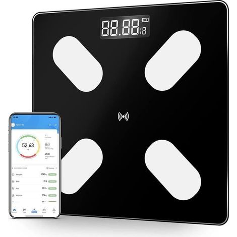(Schwarze) Badezimmerwaage, Bluetooth-fähige Smart-Waage mit 12 Körpermaßen, LCD-Display, Waage mit App für iOS/Android (1/4)