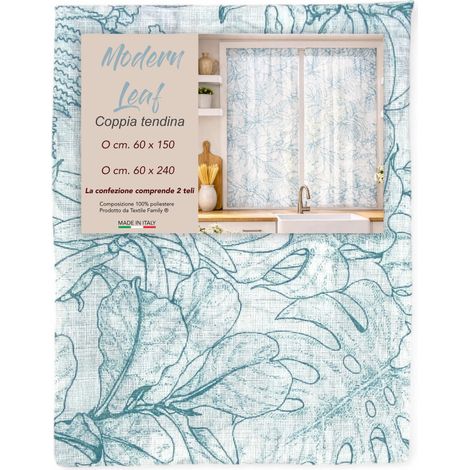 Coppia Tendine a Vetro Modern Leaf Blu Semitrasparenti in Bouclè con Tunnel per Astina – 2 Teli Made in Italy COPPIA (2 TELI) CM. 60X150