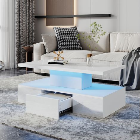 Mesa de centro 100x50x39 cm blanca en tablero de partículas con LED, alto brillo, estante abierto y 1 cajón (1/5)