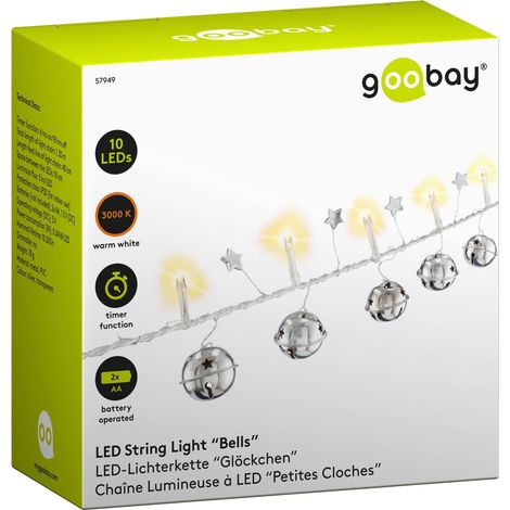 goobay 57949 - Catena luminosa a LED con funzione timer, per interni, con 10 LED + campanelle + stelle - Bianco caldo (3000 K) - IP20-1,3 m (1/4)