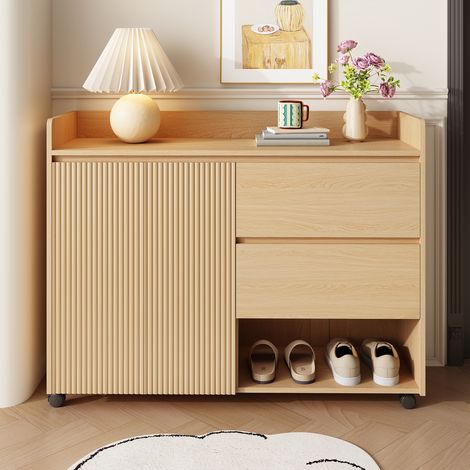 Meuble à chaussures sur roulettes 110 x 35 x 86 cm, armoire à chaussures en MDF bois clair, étagères réglables, fermeture amortie, 2 tiroirs