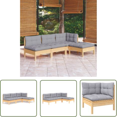 The Living Store Salon de jardin 4 pcs avec coussins gris Bois de pin - Ensemble Salon De Jardin - Mobilier De Jardin - Salon De Patio - Meubles De Jardin - Bois De Pin (1/5)