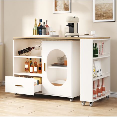 Isla de cocina móvil 120-180x60x90 cm en MDF y metal natural/blanco, tablero giratorio – MEUBLIV (1/5)