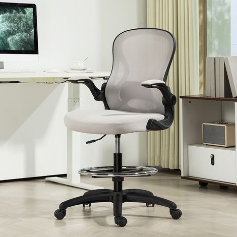 Silla de Dibujo Giratoria con Soporte Lumbar Reposapiés Ajustable y Reposabrazos Abatibles 59x65x102-122 cm Gris Claro (1/5)