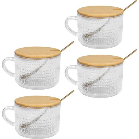 Vintage-Kaffeetassen aus geprägtem, transparentem Glas, exquisites Retro-Design, mit Löffel und Bambusdeckel für das Frühstück (1/5)