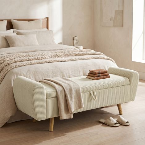 Banc de rangement, banquette rembourrée aspect velours côtelé, pieds en bois et accoudoirs arrondis, beige (1/4)
