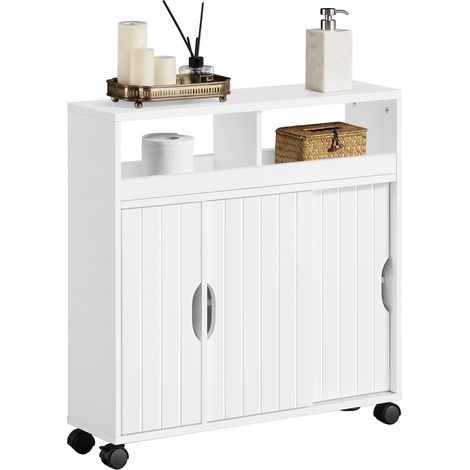 Yaheetech Mobile da Bagno con Ruote Armadietto da Terra con Ante Scorrevole Mobiletto in Legno con Ripiani Multilivello 69,5 x 20 x 71,5 cm Armadio Portaoggetti Bianco (1/5)