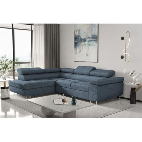 Ecksofa Sofa JADE Stoff Ascot Blau mit Schlaffunktion Ottomane Links (1/2)