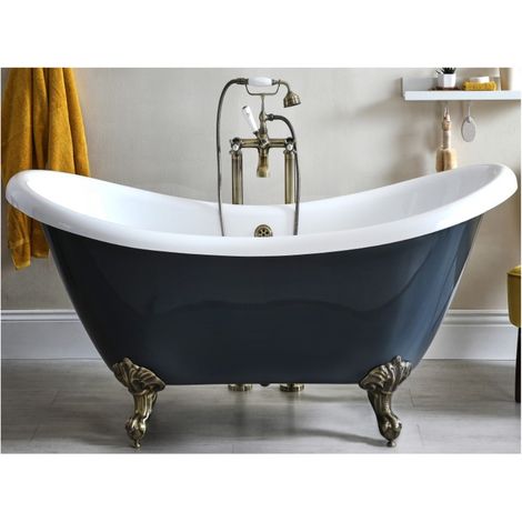Milano Hest Stone Grey - 1750mm x 730mm Bathroom Double Ended Freestanding Slipper Bath with Feet - Brushed Gold Feet (1/4)
