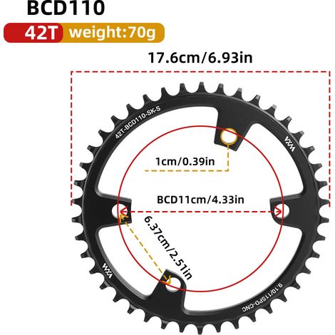 42T Plateau universel 4 trous à griffes pour vélo, mono-vitesse, entraxe 110 BCD, dents positives et négatives, 36T, 38T, 40T, 4250T, 58T (1/5)