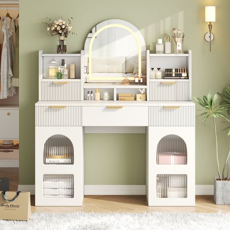Grande coiffeuse blanche 120x40x139,5cm miroir LED 3 tiroirs 2 portes vitrées étagères table maquillage rangement chambre adulte (1/5)