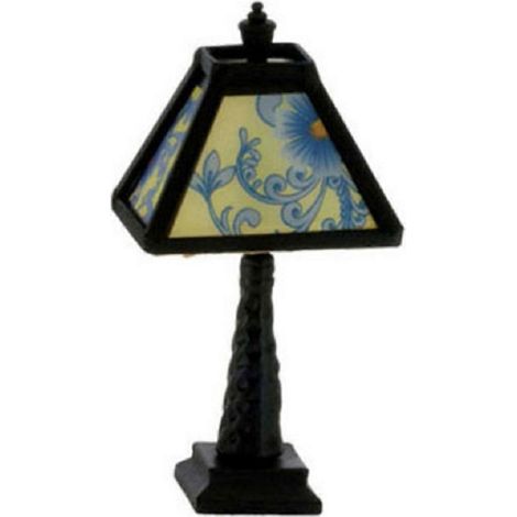 Lampe de table noire pour maison de poupée, abat-jour bleu à motifs, éclairage électrique 12 V ( ) (1/2)