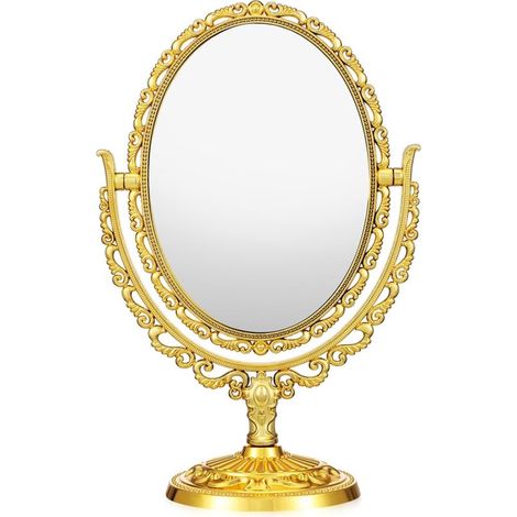 Miroir de maquillage ovale Longziming - Miroir de table doré vintage - Charnière pivotante double face - Reflet HD de haute qualité - Métal finition dorée - Idéal pour la salle de bain et la chambre - (1/5)