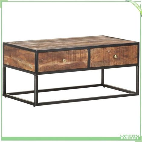 Table basse - 320912 - 90 x 50 x 40 cm - Bois d'acacia brut & fer noir - 2 tiroirs, style industriel (1/5)