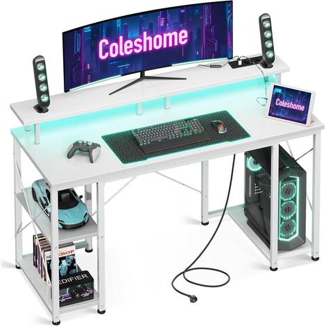 Gaming Tisch LED-Beleuchtung Steckdosen USB-Anschlüssen Stauraum Weiß 120x50cm (1/5)