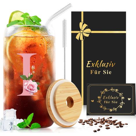 Tasse en verre avec lettres A-Z, couvercle et paille, 500 ml, verre pour smoothies, jus, bières, idéal pour les cadeaux (1/5)