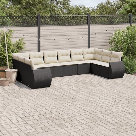 Ensemble Salon Jardin 10 Places Résine Tressée Noir avec Coussins Crème - Meuble Extérieur Modulaire (1/5)