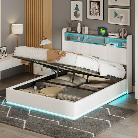 Lit coffre 140x190 cm, avec éclairage LED et port USB, lit double capitonné avec rangement et tete de lit, pour adultes et adolescents, velours, blanc (1/5)