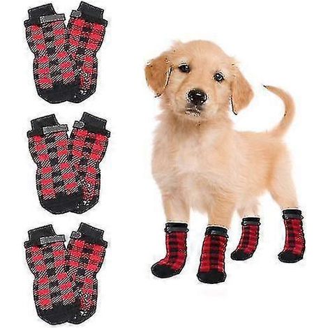 Chaussettes antidérapantes pour chiens (2 paires) - Douces et ajustables - Protection optimale des pattes - Chaussettes adhérentes avec sangle - Taille S - Rouge (1/5)