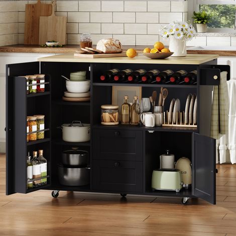 Îlot de cuisine 104x45x89 cm en MDF noir et bois naturel, avec rangement pour cuisine FloraGrace (1/5)