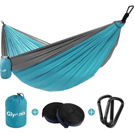 Hamac en nylon ultraléger Glymnis, capacité de charge 300 kg, 300 x 200 cm, avec 2 sangles en nylon et 2 mousquetons (camping, voyage, extérieur, jardin) – Bleu (1/5)