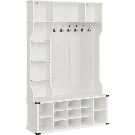 Vasagle – Porte-manteau avec banc à chaussures – 6 crochets triples – Étagères réglables – Capacité 136 kg – Dimensions 40 x 130 x 200 cm – Blanc nuage