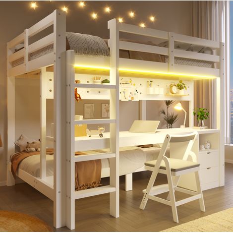 DESVIAE Lit mezzanine en pin et MDF 140 x 200 cm 90 x 200 cm avec tiroirs bureau panneau perforé et bande LED blanc (1/5)