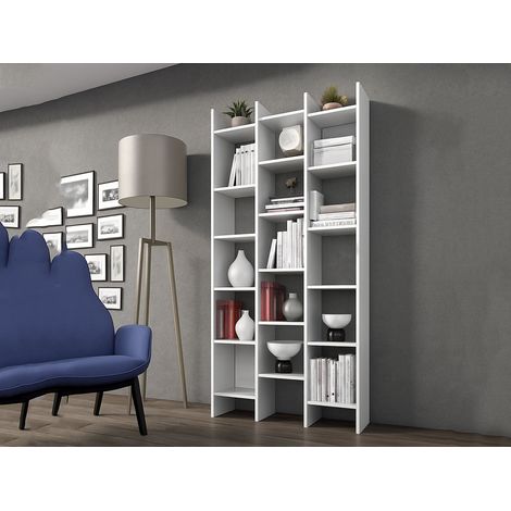 Libreria Rockford, Mobile portalibri con 18 ripiani, Scaffale con scomparti quadrati, Scaffale moderno da ufficio, 96x29h192 cm, Bianco (1/5)