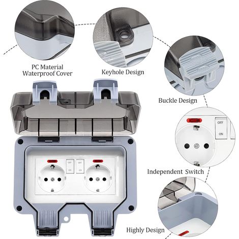Prise Exterieure Etanche IP66 Double Prise de Courant et Volet de Protection Multiprise Electrique Murale de Jardin, Prise Anti-Poussière et Coupe-Vent avec Interrupteur, Voyant Lumineux - RWAutre acc