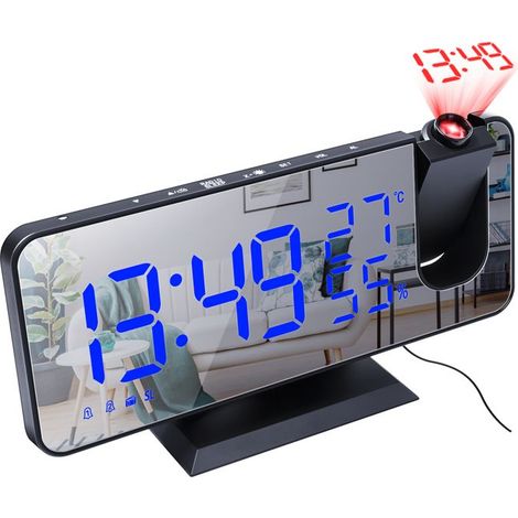 Reveil Projecteur avec Radio, Horloge Miroir LED de 7,4 Pouces, 15 Niveaux de Volume, Affichage de La Température et de l'humidité (1/5)