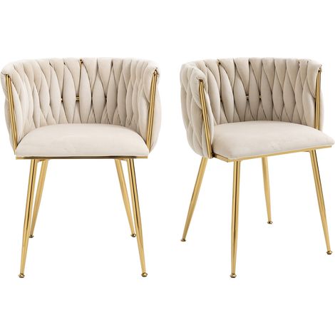 Lot de 2 Chaises de Salle à Manger en Velours Luxueux, Pieds Métalliques Dorés, Design Tressé Main, Coussins Doux pour Salon et Chambre (1/5)