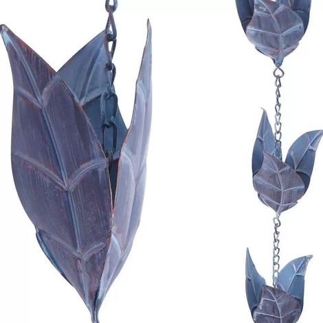 Chaine De Pluie - 2,6 M - Forme Feuille En Fer Bleu - Pour Gouttiere Balcon Toit Jardin - 1 Piece