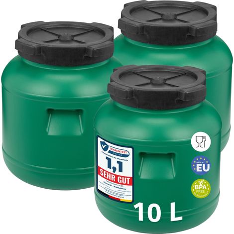 Garronda Lot de 3 fûts alimentaires 10 L en HDPE sans BPA, à large ouverture avec couvercle, pour eau, aliments et récupération d'eau de pluie, vert GD-0120