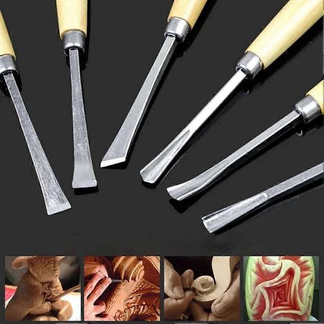 Kit d'outils de sculpture sur bois (6 pièces) pour menuisiers, comprenant un couteau à sculpter et des instructions de bricolage. (1/5)