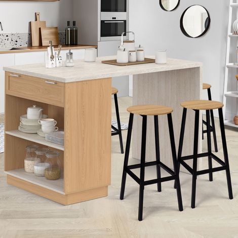 VITO Isla central de 4 plazas con encimera de efecto travertino y estante de madera de 130 cm