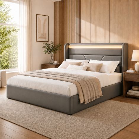Cadre de lit double rembourré avec coffre hydraulique et éclairage LED (140 x 200 cm), lit multifonction, gris (télécommande incluse) (1/5)