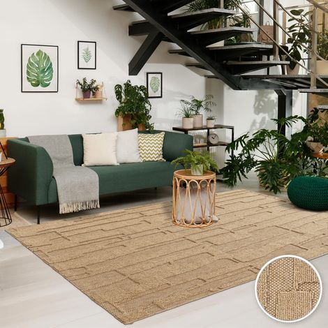 In-& Outdoor Teppich Wetterfest Balkon Boho Abstrakter Still Hoch-Tief-Effekt 80 cm x 150 cm x 11 mm Beige Rechteckig (1/5)