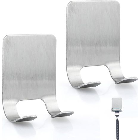 Lot de 2 supports de rasoir pour douche, argentés, sans perçage, en acier inoxydable, robustes et auto-adhésifs, adaptés à la porte, au mur, à la salle de bain et à la cuisine. (1/2)