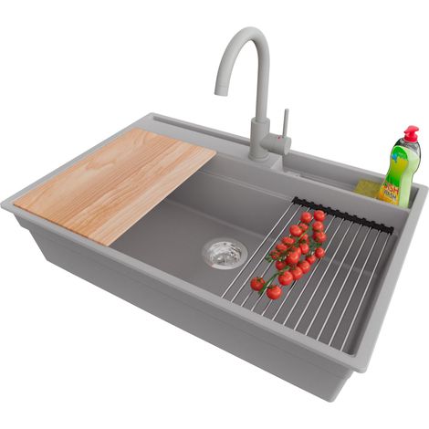 PRIMAGRAN Evier Cuisine en Granit 78x53cm,Lavabo 1 bac + Robinet 32x20cm + Kit de Vidage + Accessoires, Évier à Encastrer au meuble 80cm - Oslo Pocket, Gris (1/5)